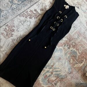 Michael Kors Black Sleeveless Ribbed Lace-Up Midi Dress